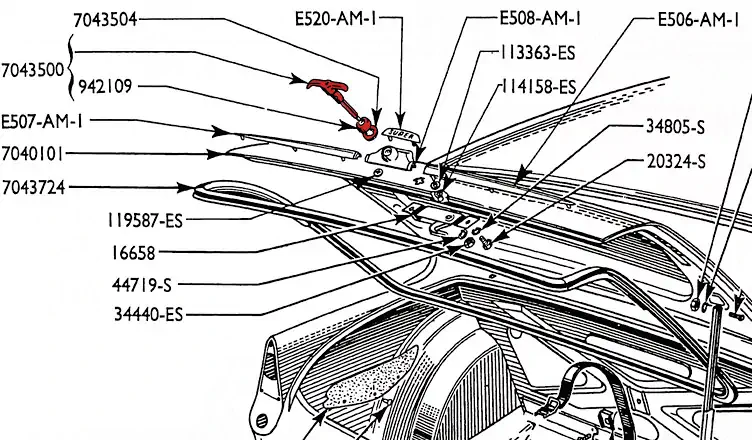 diagram showing parts for the boot luggage compartment for classic Ford Anglia 105E