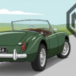 Flat style illustration showing an MG MGA roadster with oval side mirror. Rear view of car, open landscape.